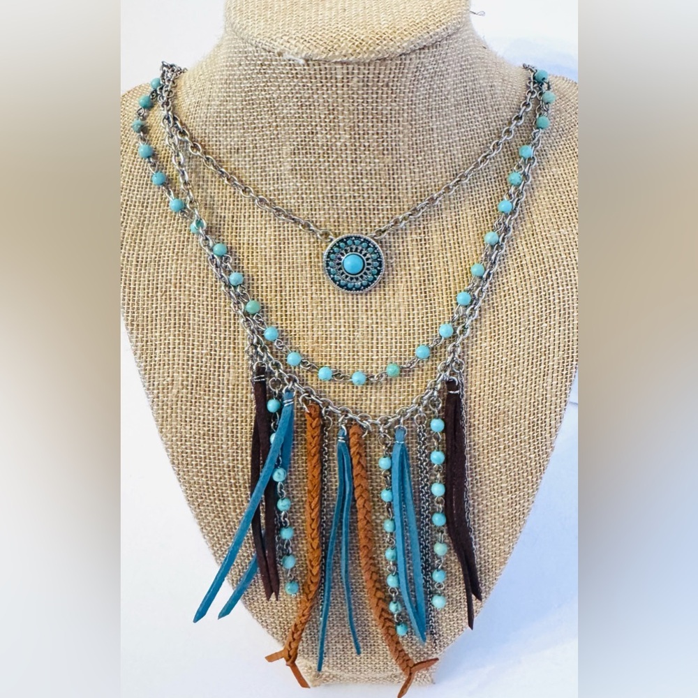 Justin Boots Brand Western 3 Layer Necklace with Bead & Suede Accents NWT!!